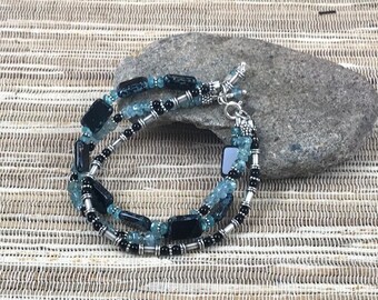 Blue Apatite, Black Onyx, Czech Glass, and Sterling Silver 3-Strand Bracelet