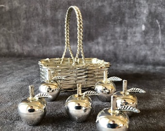 Vintage silver plated apples place card holders in basket