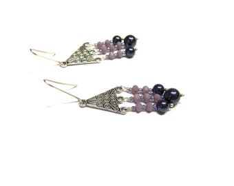 ON SALE Long Beaded Chandelier Earrings Purple Beaded Earrings Boho gift for her Swarvoski Pearl Earrings Silver Swirl Top Selling Jewelry
