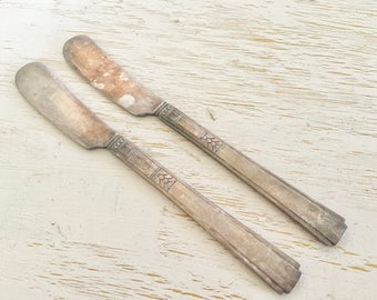 silver butter knives - ornate dinnerware - set of two - shabby cottage chic