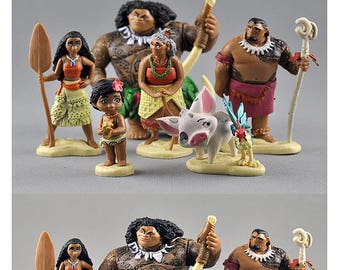 CAKE TOPPER - 6 pcs Moana Maui Hei Hei Pua 6 Figure Set Custom Wedding Birthday Party Decor DIY Cupcakes Figurines