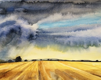 Wheat Field, Storm clouds, rural landscape, Midwest painting, stormy skies, farmland, wheat, Sky painting, countryside, Landscape painting