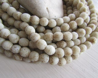 Round lampwork glass beads, rustic white beige no 2 with brown wash, matte gritty textured aged look indonesian 9 to 10mm (12 bead)7ab43-1