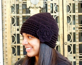 Crochet Hat, Beanie, Cloche, Flower, Adult, Women, Teen, Black, Ready To Ship,,