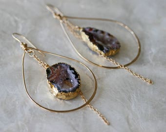 Druzy Earrings, Geode Earrings, Hoop Earrings, Blush Pink Earrings, Hammered Hoop Earrings, Occo Agate Earrings, Gold Dipped Jewelry
