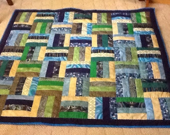 Lap Quilt Geometric design blue green gold hand-quilted jewel tones quilted throw