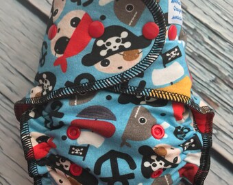 Fitted Cloth Diaper - Stay Dry Liner - Overnight Fitted - Optional Hemp or Bamboo Insert - Pirates