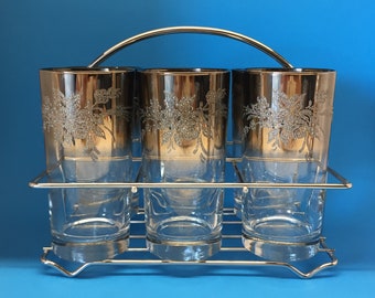 Silver Fade Highball in Chrome Carrier, Queen's Lusterware, Dorothy Thorpe Style, Mad Men