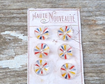 Vintage Antique 1920s French painted glass buttons set of 6 on a card