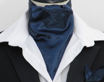 Mens Navy Blue Faux Silk Ascot Cravat + Kerchief