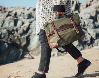 Waxed Canvas Bag / Messenger Bag/ Waxed Leather Satchel Bags/ Canvas Messenger Satchel Bag / Macbook Canvas Satchel Bag / Waxed Shoulder Bag