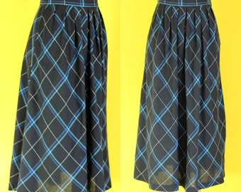 Vintage 70s Blue Plaid Skirt - High Waisted Pleated Skirt - Midi Skirt with Pockets - Black Skirt - Winter Skirt - Long Skirt - Size Small