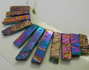 Graduated Rainbow Electroplated Agate Rectangle Stick Pendant Set - Graduated Plated Agate Gemstone Focal Gemstone Pendant Set LL82