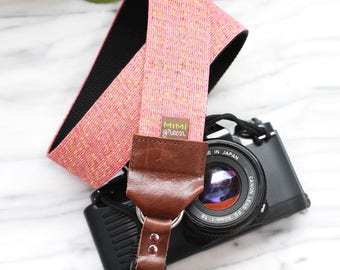 Rose Gold Camera Strap with Subtle Gold Sparkle - 1.5 inches wide for DSLR Camera or Mirrorless Camera - Linen Camera Strap