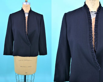 1980s black blazer | black wool ruffle collar suit jacket | vintage 80s blazer | W 35"