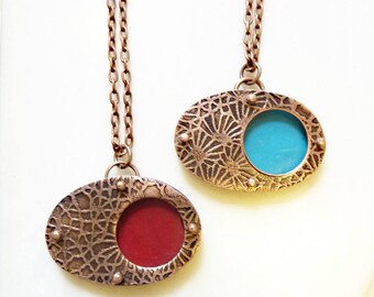 Etched Enamel Necklace, Riveted on Copper, Layered Copper, Artisan Jewelry, Mixed Media, 3D, Hand Enameled Jewelry, Red or Blue Orb Pendant