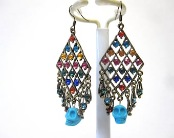 Day Of The Dead Earrings Blue Sugar Skull Jewelry Chandelier Dangles