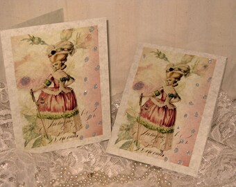 Vintage French Design Marie Antoinette Handmade Cards Adormed with Bling on Parchment ECS