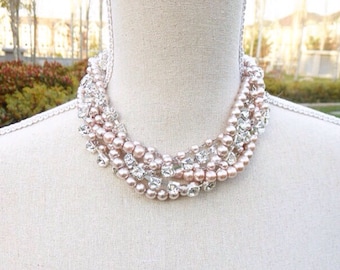 Pearl and Rhinestone Necklace, Pearl Rhinestone Statement Necklace, Bridal Pearl Necklace, Chunky Pearl Necklace