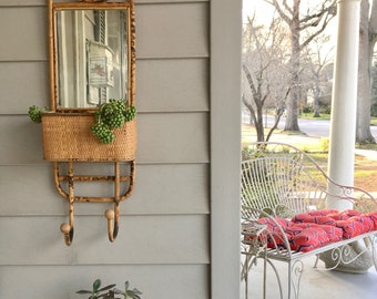 Bohemian Rattan Wall Planter with Mirror and Hooks. Vintage Wall Unit.