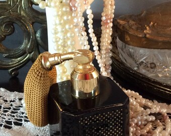 Vintage 1950 French perfume atomizer bottle black glass square shape