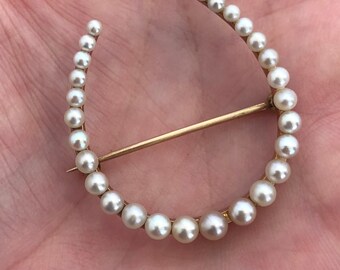 Antique Pearl Horseshoe Brooch | Victorian Edwardian Good Luck Jewelry Circa 1900 Solid Gold Pearl Pin| Vintage Pearl Necklace