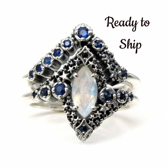 Ready to Ship Size 6 - 8 Marquise Moonstone and Sapphire Stardust Engagement Ring Set - Silver Silver