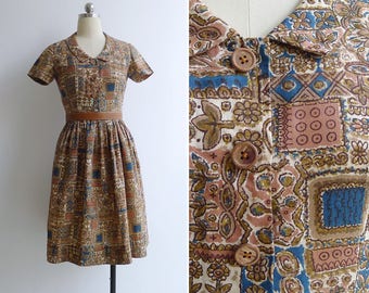 Vintage 50's Hippie Woodblock Floral Print Cotton Fit & Flare Dress XXS or XS