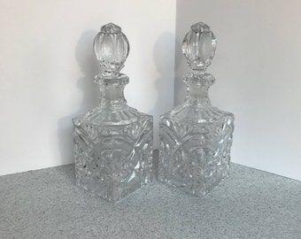 Matching Pair Two Crystal Wine Liquor Decanters Pressed Cut Etched Bottles Starburt Design Elegant Mid Century Housewarming Wedding Gift