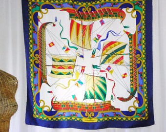 Salvatore Ferragamo Silk Scarf Nautical Print 34" Square New
