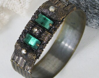 Vintage Ornate Cuff Bracelet, Green, Clear Rhinestones, Crystals, Hinged