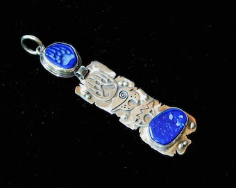 Pendant-boho "Bears Zuni "Lapis lazuli,silver,stone carving. Boho Tribal necklace protection amulet