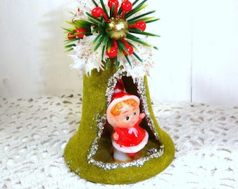 Vintage Diorama Christmas Ornament, Bell Shape, Green, Flocked, Double Sided, Mid Century, Retro, New Old Stock, NOS, 1960's (878-15)