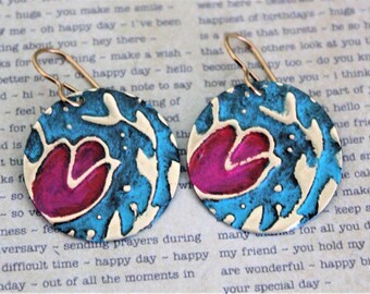 Tulip Jewelry, Flower Earrings, Floral Earrings, Vintaj Jewelry, Turquoise, Nature Jewelry, Boho Jewelry, Patina Jewelry, Circle Earrings
