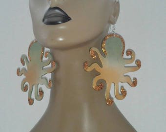 Gorgeous Octopus Wooden Earrings Embellished w/ Beautiful Glitter Tips, Large Earrings, Handmade Earrings, Fashion Earrings, Women's Earring
