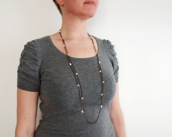 Long necklace copper chain necklace white pearls glass beads double chain necklace for women
