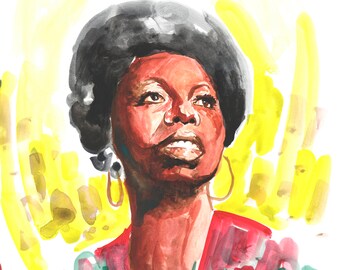 Nina Simone, singer portrait, watercolor artist, watercolor artwork, original piece, watercolor colors, artwork gift, art decorative
