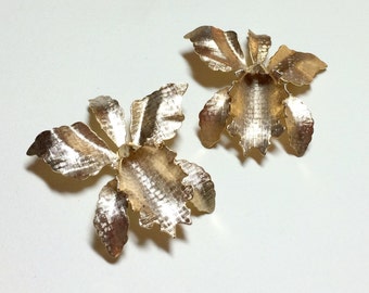 Matching pair of vintage orchid brooches, orchid brooch, orchid pin, lady slipper brooch, brooch set, gold orchid brooch, 1960s