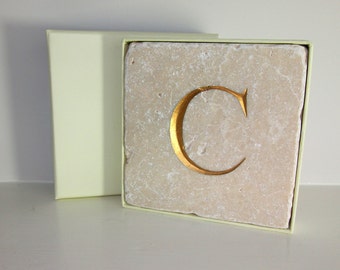 Hand Carved Gold Letter 'C' in Stone Wall Tile. Personalised Gift. Wall Hanging. Decorative Arts. Letter Carving