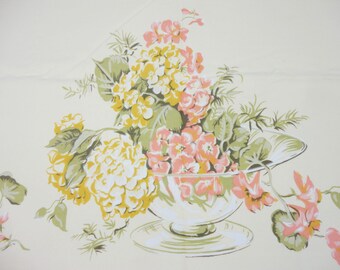 Vintage California Hand Prints Tablecloth - Butter Yellow With Floral Arrangement in Bowl - Peach Yellow Green - 52" x 67" Rectangle