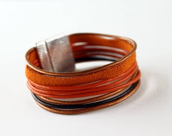 Cuff bracelet, copper orange leather