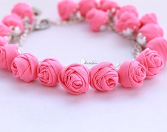 Fabric bracelet Rose bracelet Pink textile bracelet Fabric jewelry Flower bracelet Floral jewelry Clusters bracelet Friendship bracelet