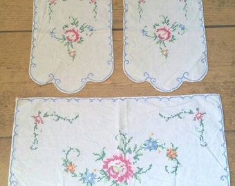 Set of Three Vintage Hand Embroidered Dresser Runners. Hand Embroidered Table Runner. 1940s Cross Stitch Table Runners. Lot of Linens.