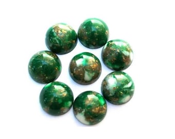 10 Vintage cabochon, lucite plastic, green with gold color glitters, 8mm
