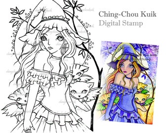 October Night - Digital Stamp Instant Download / Kitten Cat Witch Moon by Ching-Chou Kuik