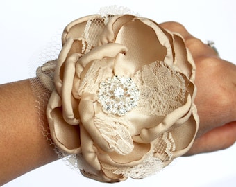 Champagne Wrist Corsage , Champagne Corsage , Rhinestone Bracelet , Lace and Champagne