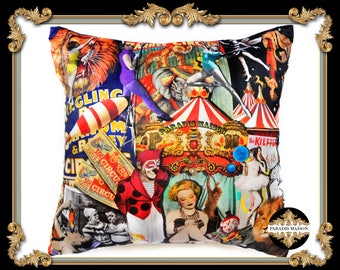 Circus Themed Throw Pillow, Circus Motif Large Velvet Pillow, Vintage Circus Pillow, Vintage Clowns