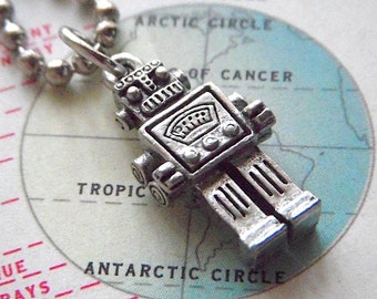 Tiny Robot Necklace Silver Tone Steampunk Jewelry