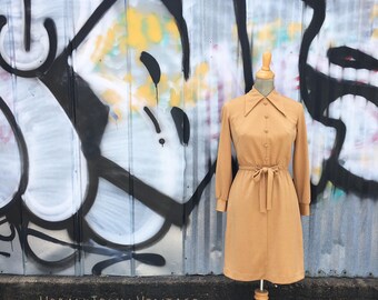 Vintage 1970s Caramel Tan Dress (Size Small)