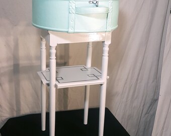 Vintage Round Hat Box Suitcase Table, Mint with White Stand